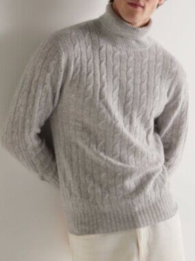 N. Peal 007 Gray Cable Roll Neck Cashmere Turtleneck in Large